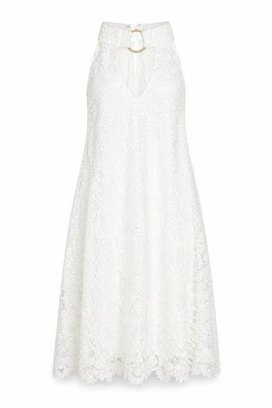 Ebonie N Ivory Women's White Lace A-Line Halter Dress S
