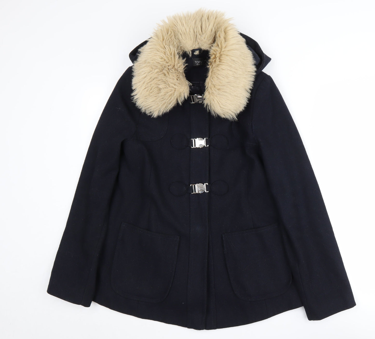 Topshop Women's Black Wool Coat - Size 10 with Fur Trim