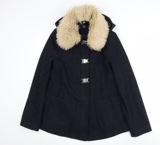 Topshop Women's Black Wool Coat - Size 10 with Fur Trim