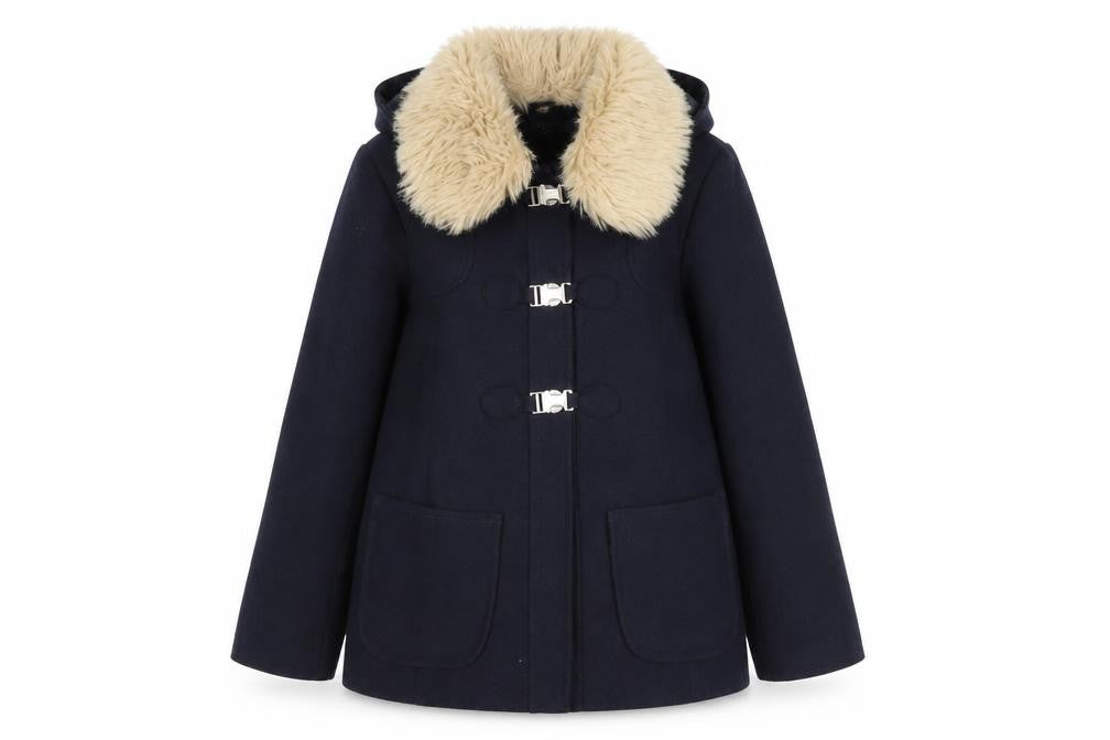 Topshop Women's Black Wool Coat - Size 10 with Fur Trim