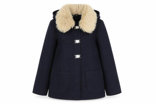 Topshop Women's Black Wool Coat - Size 10 with Fur Trim