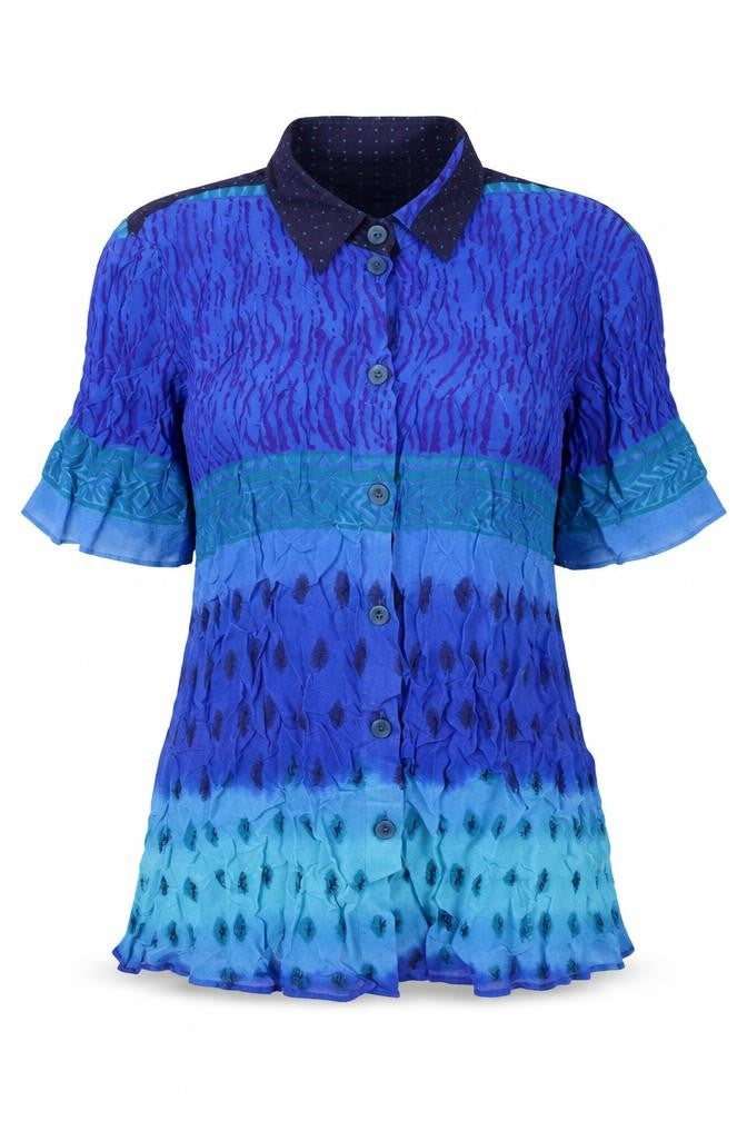 Erfo Women's Blue Button-Up Collared Short Sleeve Shirt
