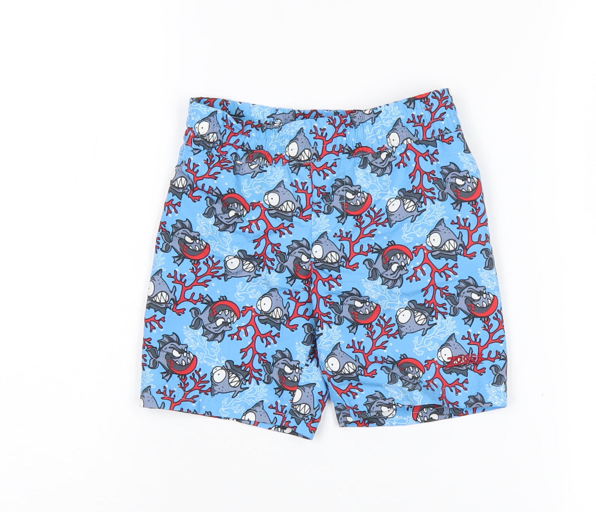 Additional front view of Zoggs boys’ blue fish print swim shorts 2 years quick dry