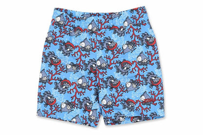 Front view of Zoggs boys’ blue fish print swim shorts 2 years quick dry