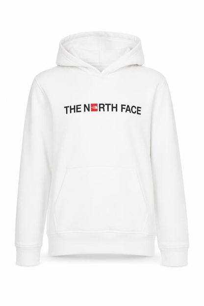 Front view of The North Face boys’ white pullover hoodie, size L