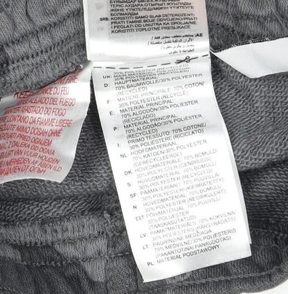 Brand and care label for Adidas boys’ grey camouflage athletic shorts 2-3 years