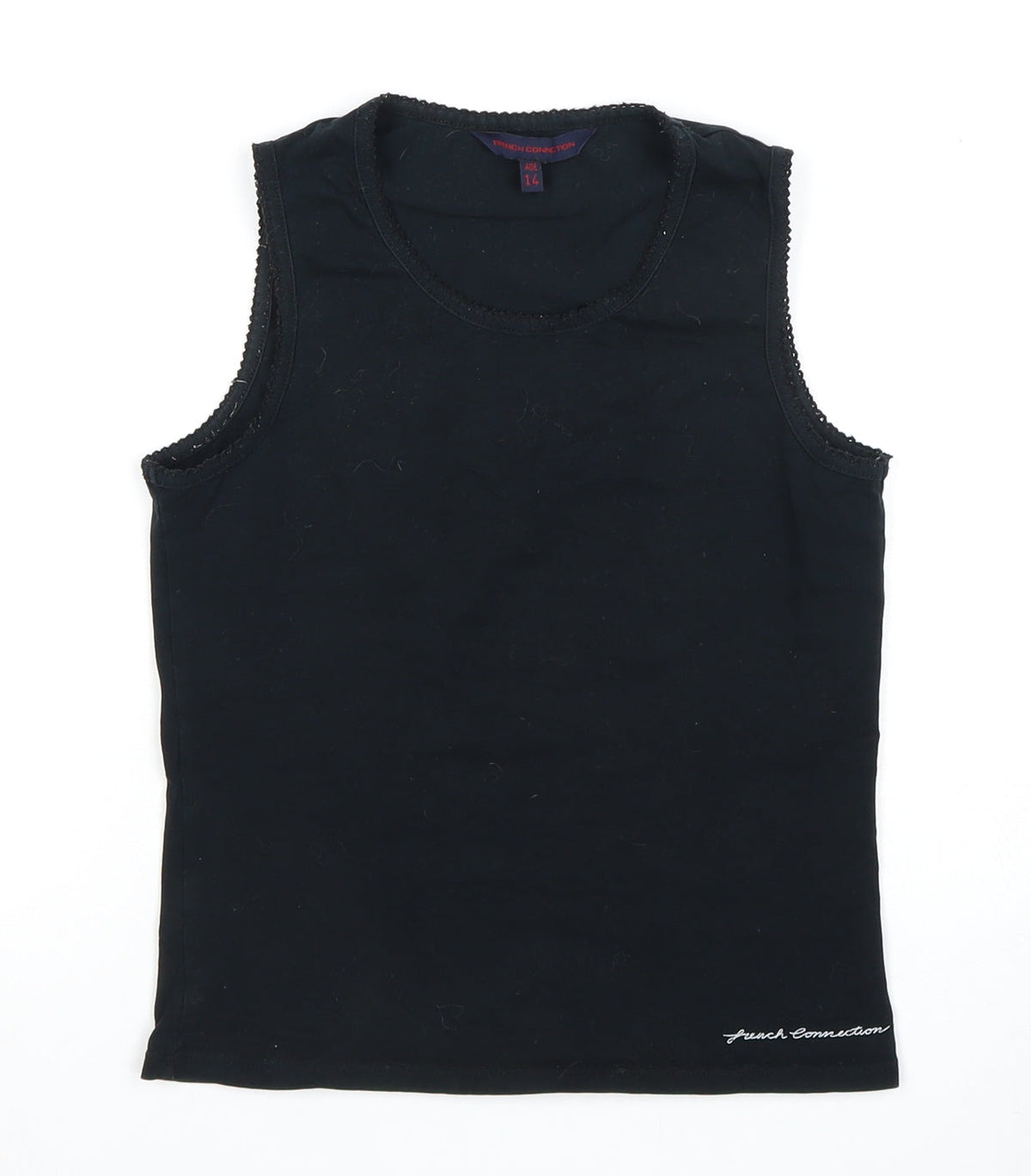 Additional front view of French Connection girls’ black tank top, size 14, accented logo