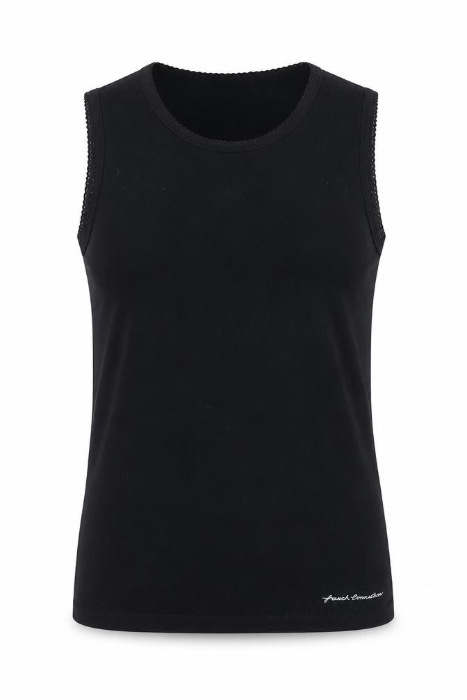 Front view of French Connection girls’ black tank top, size 14, accented logo