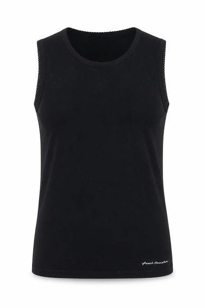 Front view of French Connection girls’ black tank top, size 14, accented logo