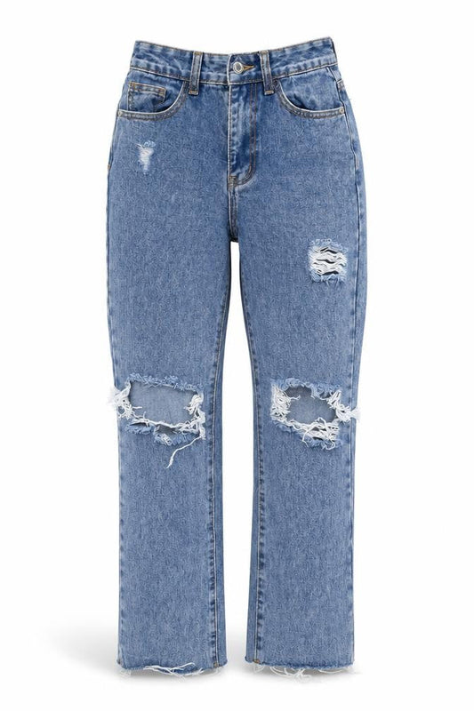 PrettyLittleThing Women's Blue Distressed Straight Jeans S6