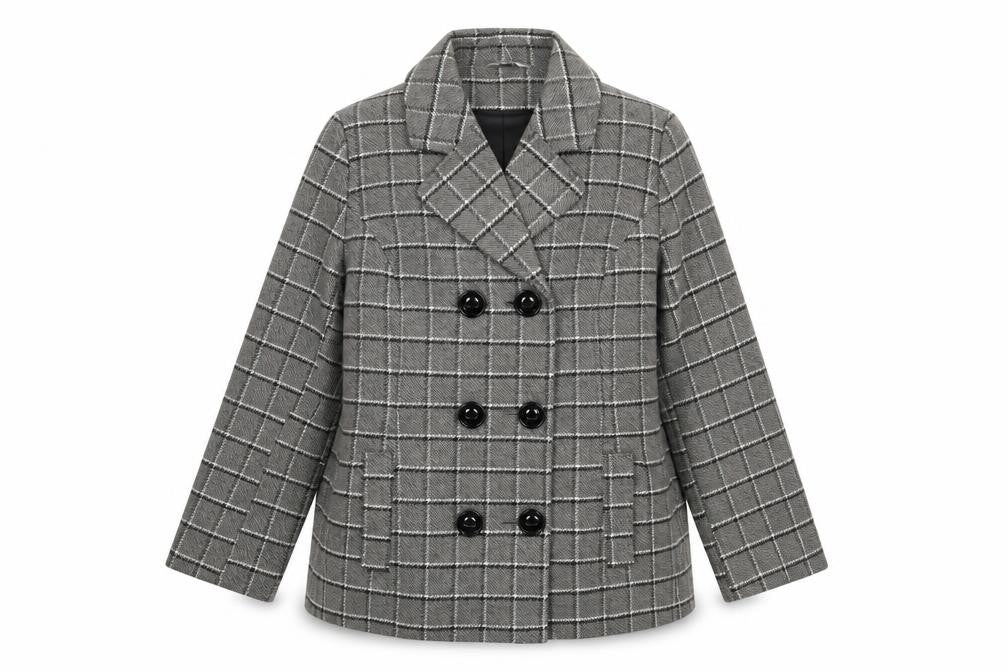 Classic Grey Check Wool Blend Pea Coat Women Size 12