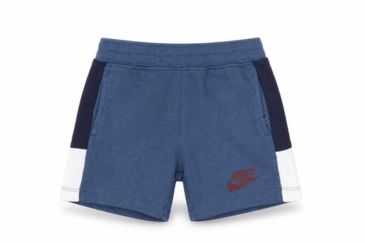 Front view of Nike boys’ blue sweat shorts, size 24, months, comfy casual wear