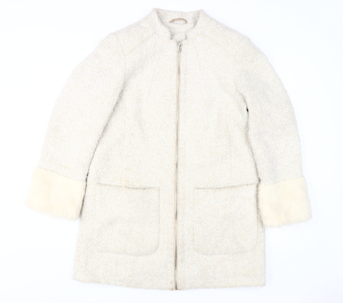 Cotton Traders Women's Ivory Wool Coat, Size 14, Fur Trim