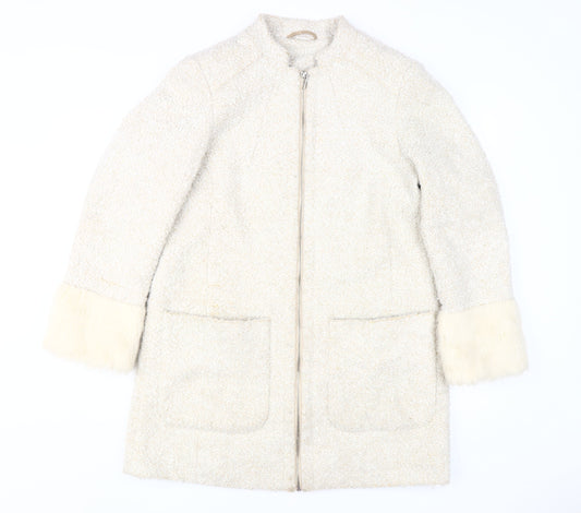 Cotton Traders Women's Ivory Wool Coat, Size 14, Fur Trim