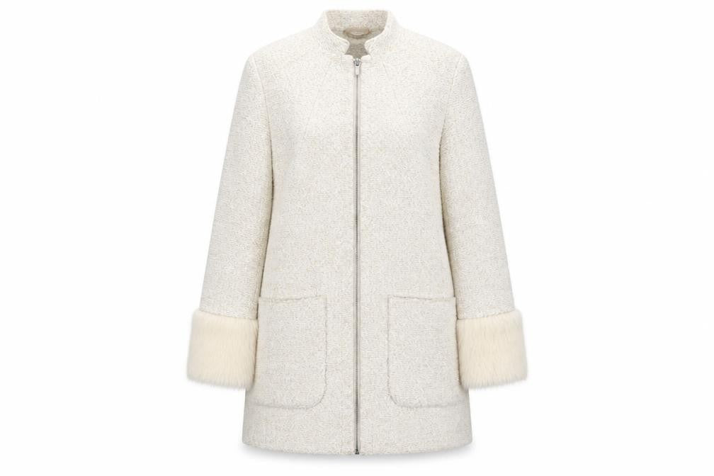 Cotton Traders Women's Ivory Wool Coat, Size 14, Fur Trim
