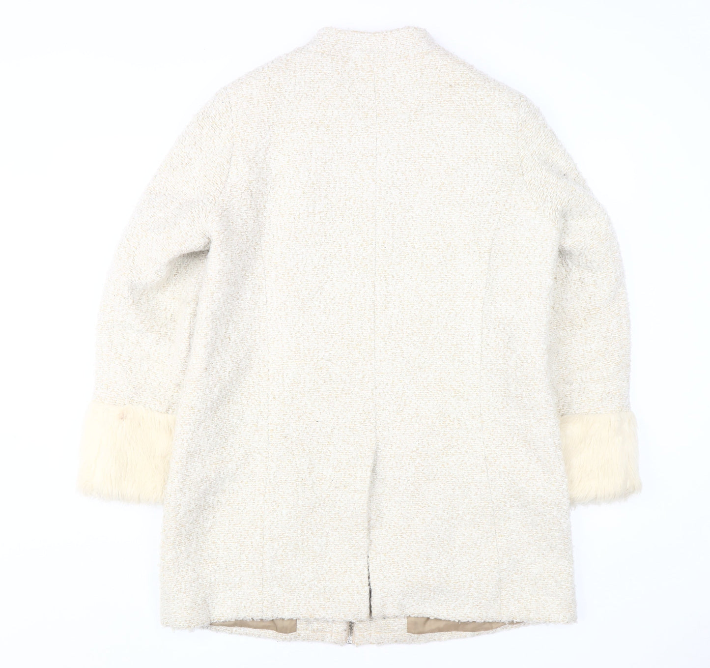 Cotton Traders Women's Ivory Wool Coat, Size 14, Fur Trim