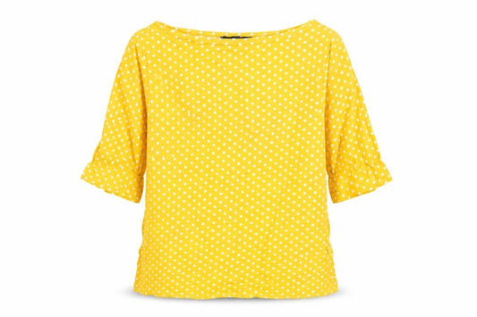 Front view of Gap girls’ yellow polka dot t-shirt, size 10-11, cotton, spring