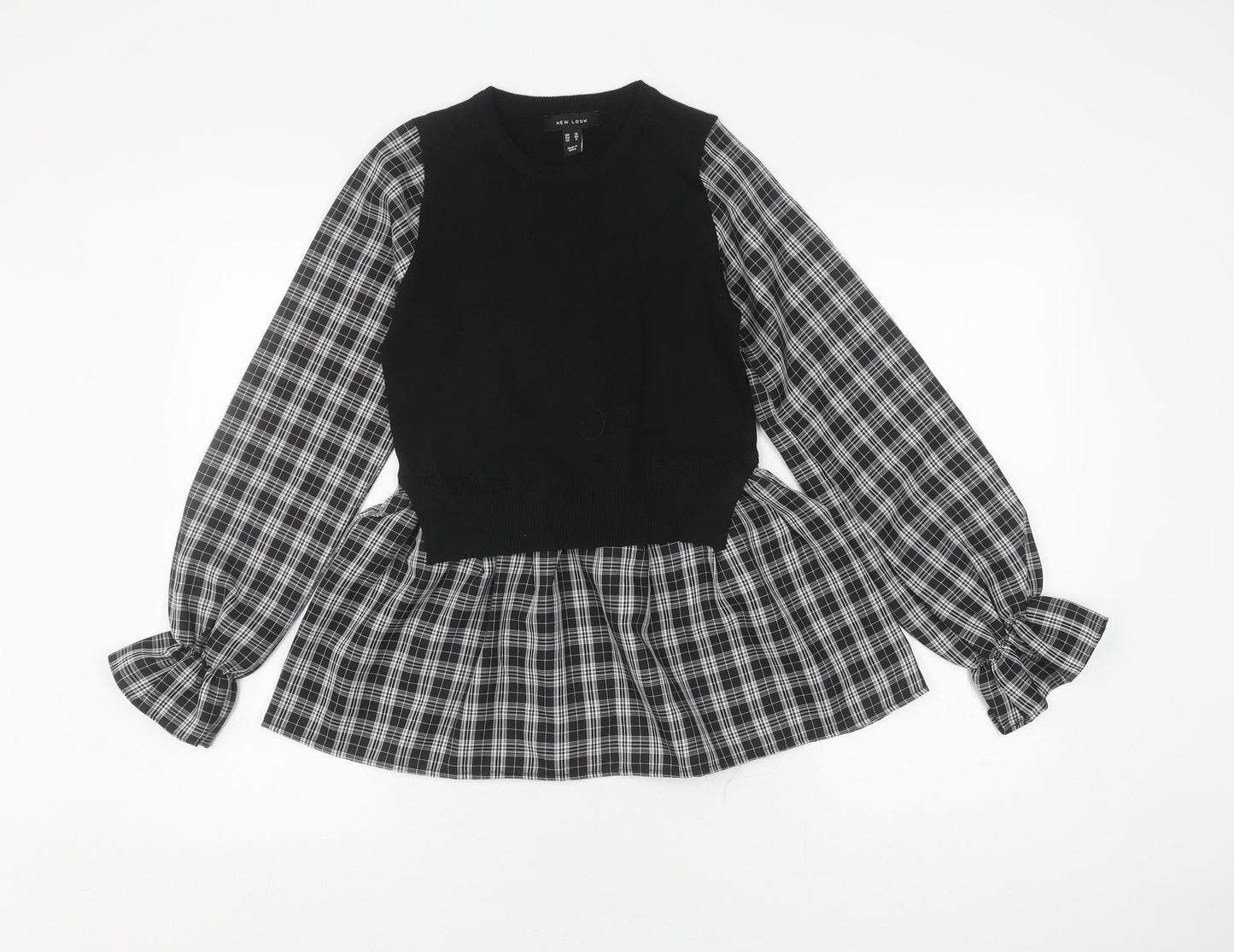 New Look Women's Black Plaid Balloon Sleeve Top Size 10