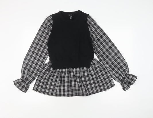 New Look Women's Black Plaid Balloon Sleeve Top Size 10