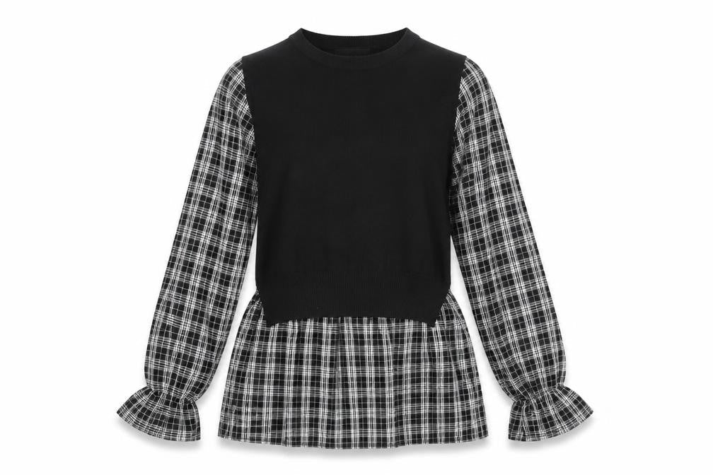 New Look Women's Black Plaid Balloon Sleeve Top Size 10