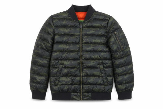 Front view of Bossini boys’ green camouflage bomber jacket, size 22