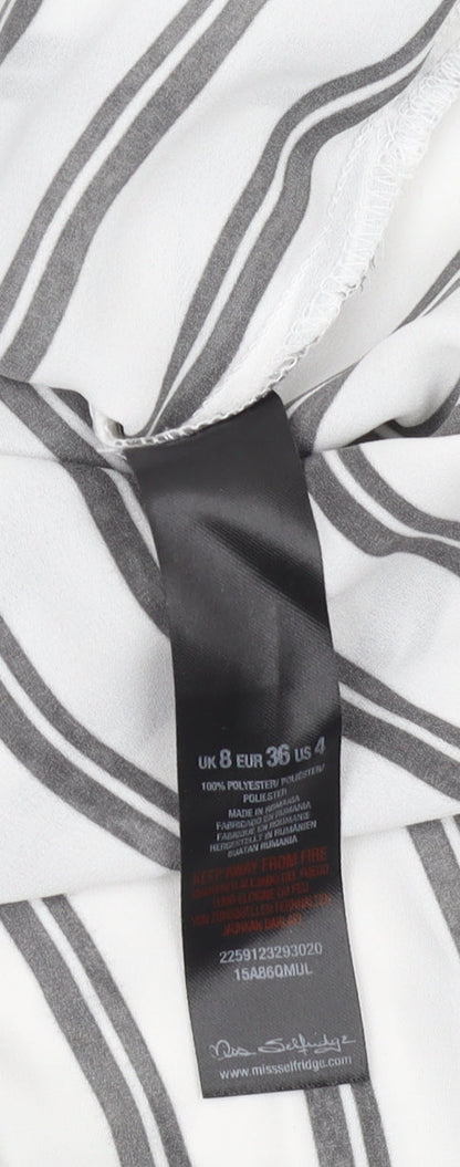 Brand and care label for Miss Selfridge Women's Striped Sleeveless Blouse, size 8