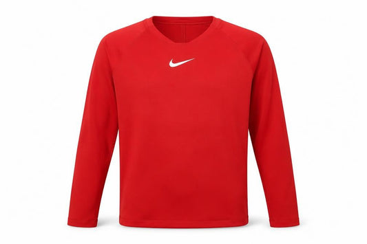 Front view of Nike boys’ red long sleeve t-shirt, size M, sports activewear