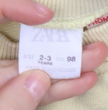 Brand and care label for Zara boys’ beige graphic print sweatshirt 2-3 years pullover