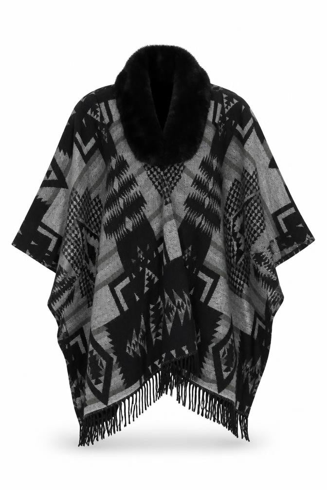 Quiz Women's Black Cape with Fur Trim - One Size