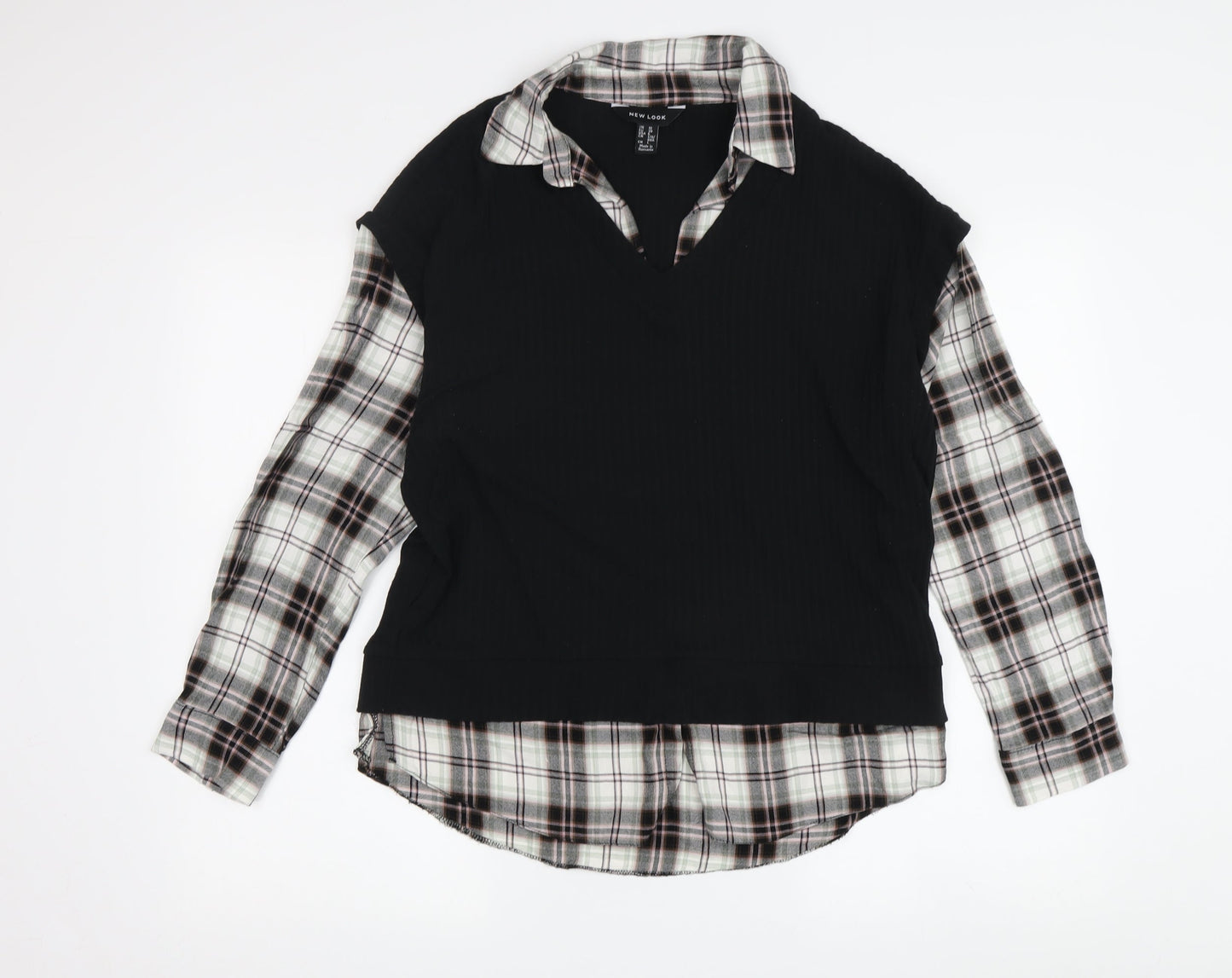 New Look Women's Black Plaid Cropped Button-Up