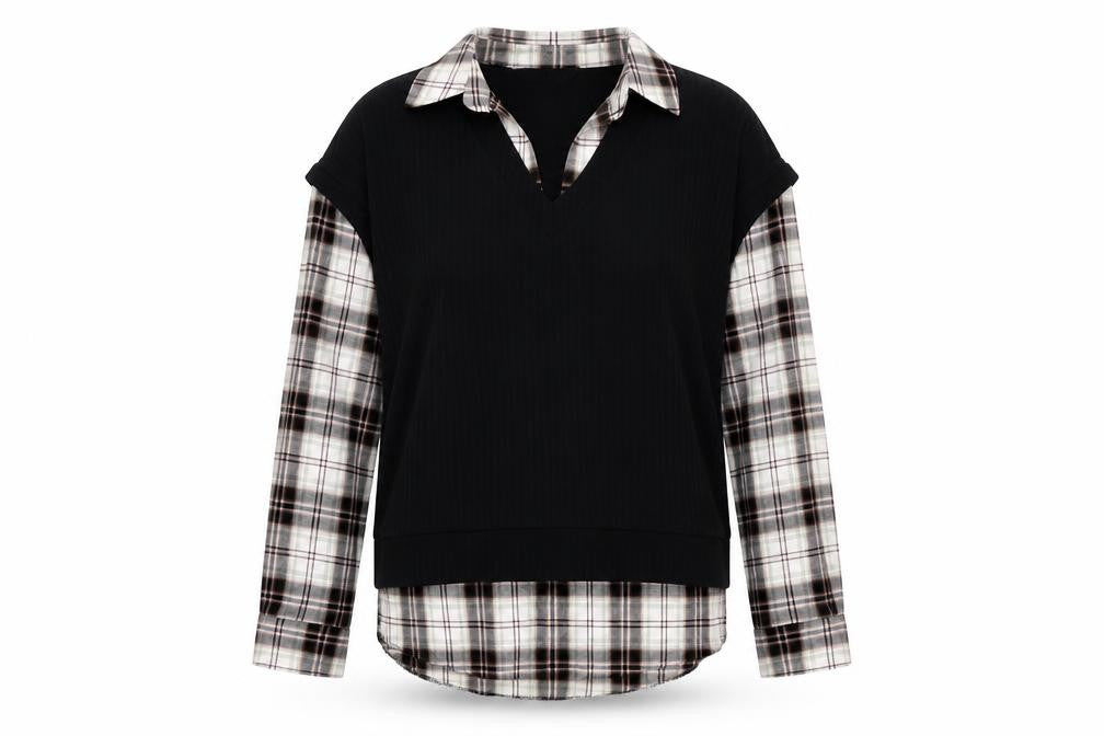 New Look Women's Black Plaid Cropped Button-Up