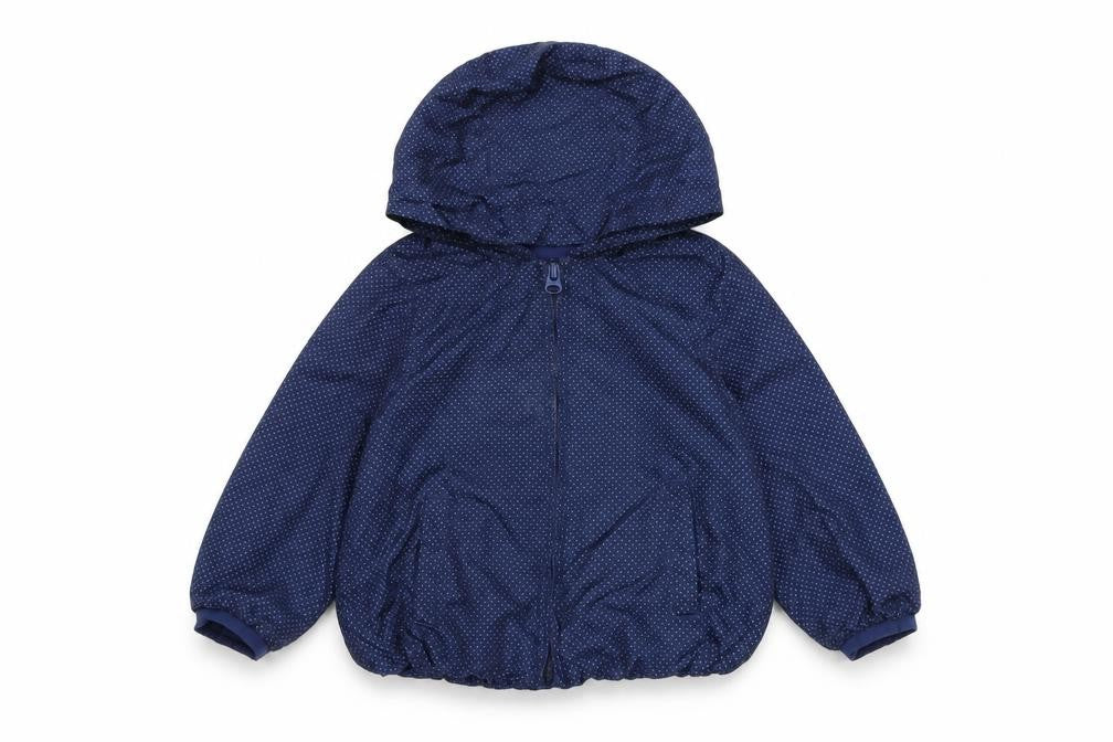 Front view of Gap girls’ blue polka dot hooded rain coat 3 years