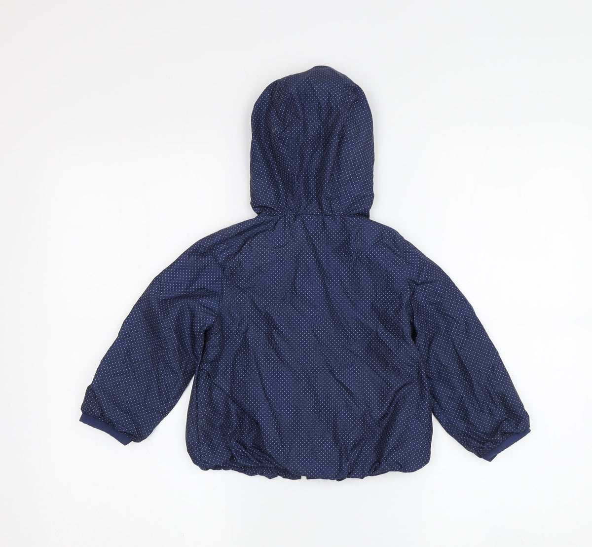 Back view of Gap girls’ blue polka dot hooded rain coat 3 years