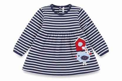 Front view of Charming girls’ blue striped a-line dress, 12-18 months