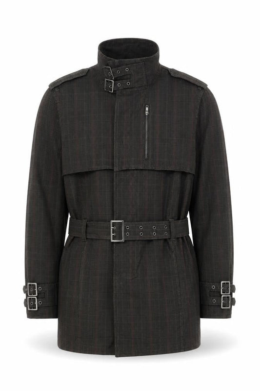 H&M Men's Black Check Belted Coat Size 40 - Casual & Stylish