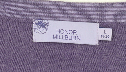 Brand and care label for Honor Millburn Women's Purple Striped Cardigan, size L