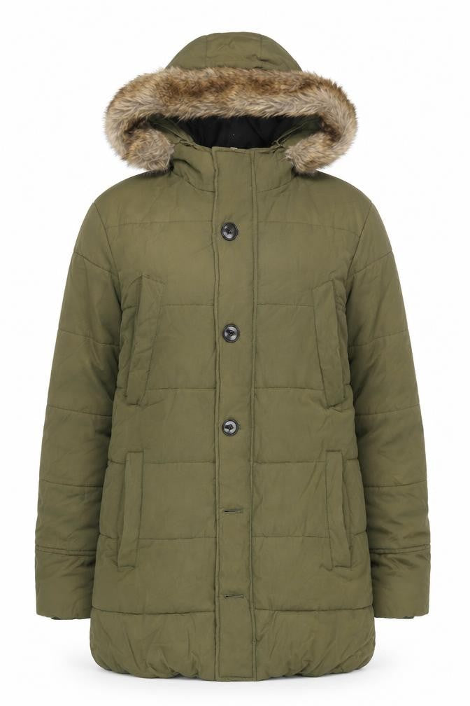 skøvde Women's Green Parka Coat, Size S, Hooded, Fur Trim