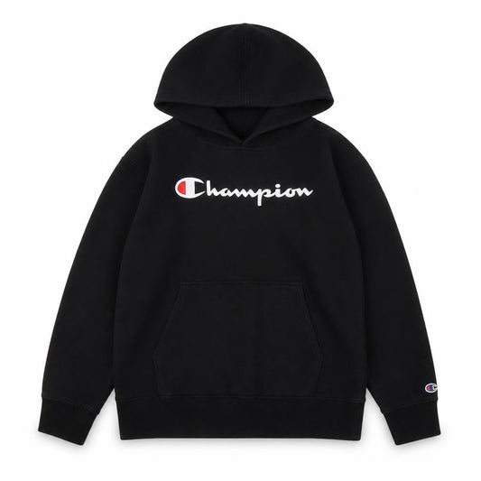 Front view of Champion boys’ black hoodie l pullover logo lightweight
