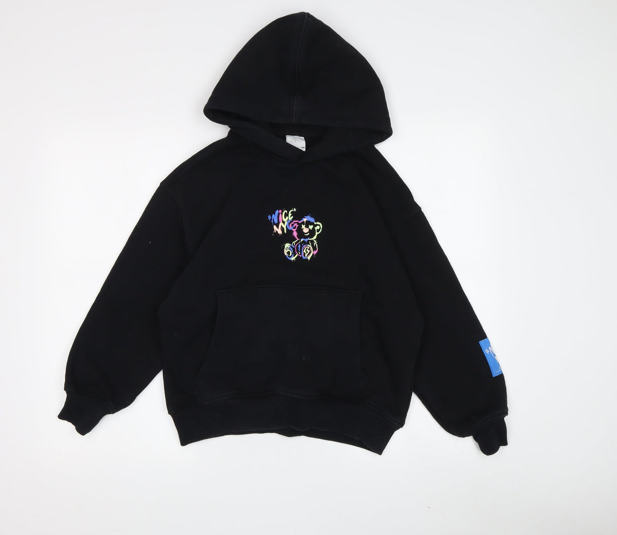 Additional front view of Zara boys’ black graphic print pullover hoodie, size 10