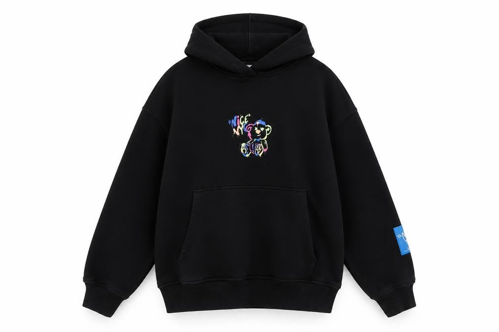 Front view of Zara boys’ black graphic print pullover hoodie, size 10