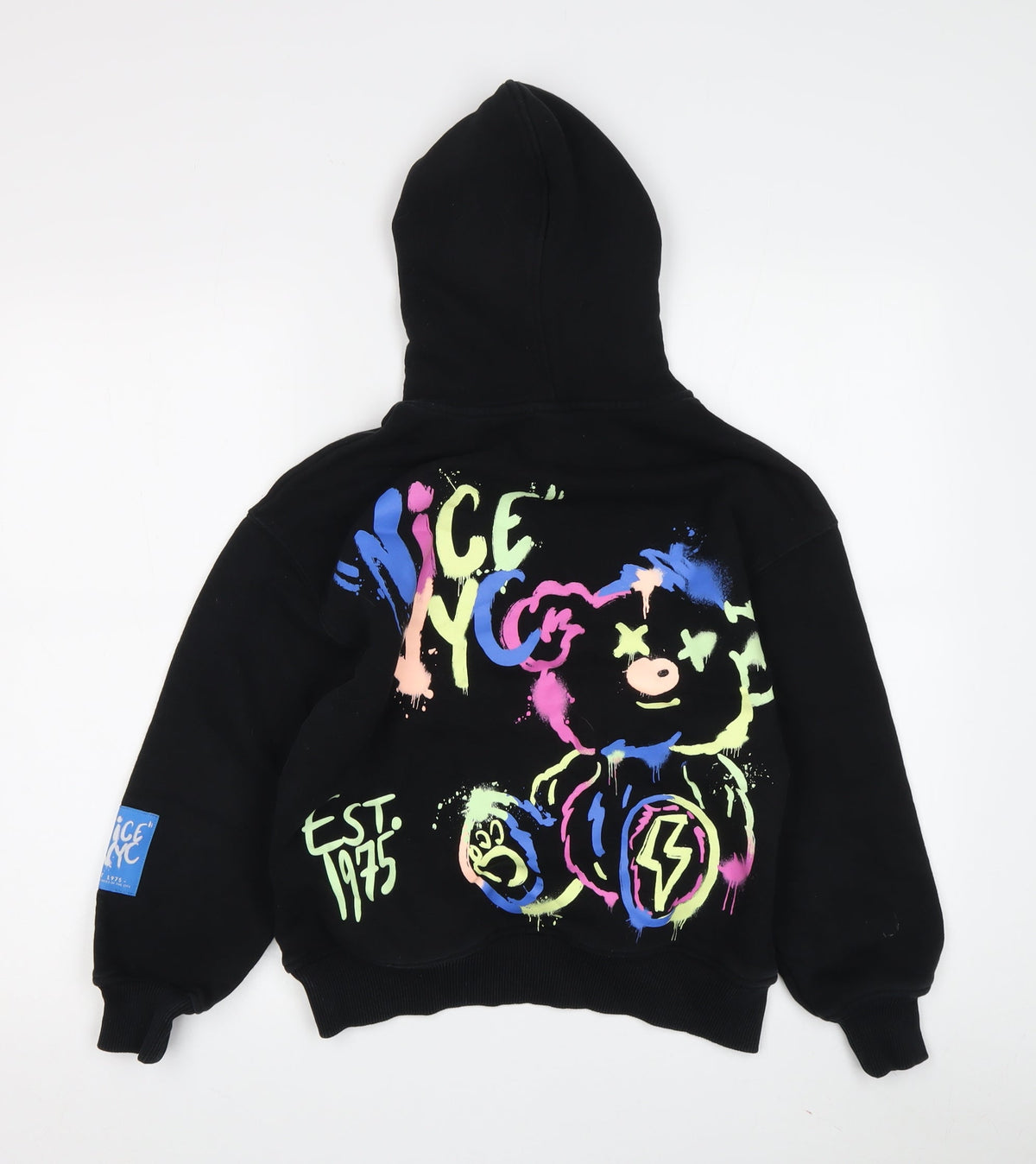 Back view of Zara boys’ black graphic print pullover hoodie, size 10
