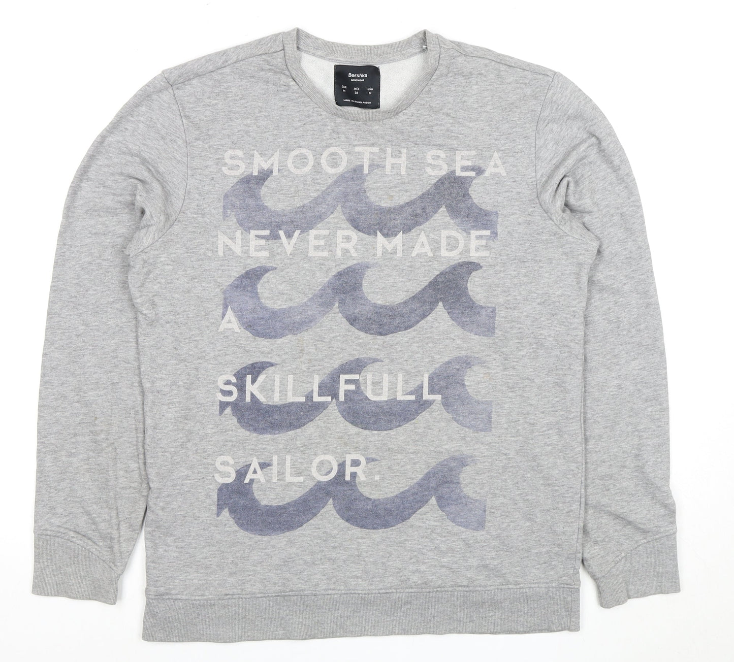 Bershka Men's Grey Marine Quote Graphic Sweatshirt M