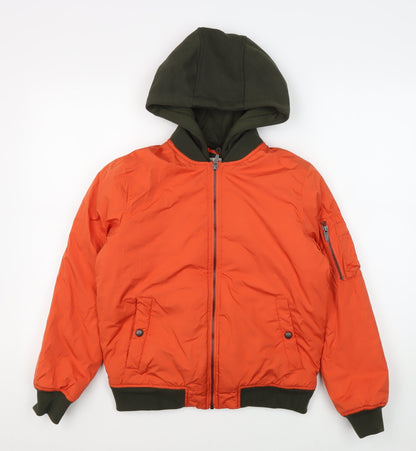 Additional front view of Zara boys’ orange bomber jacket, hooded, size 10