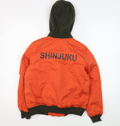 Back view of Zara boys’ orange bomber jacket, hooded, size 10