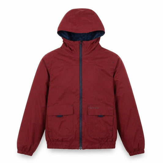 Front view of Decathlon boys’ red hooded puffer jacket 12 years winter