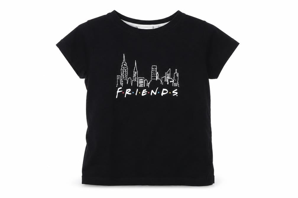 Front view of Friends girls’ black t-shirt 9-10 years, graphic logo top