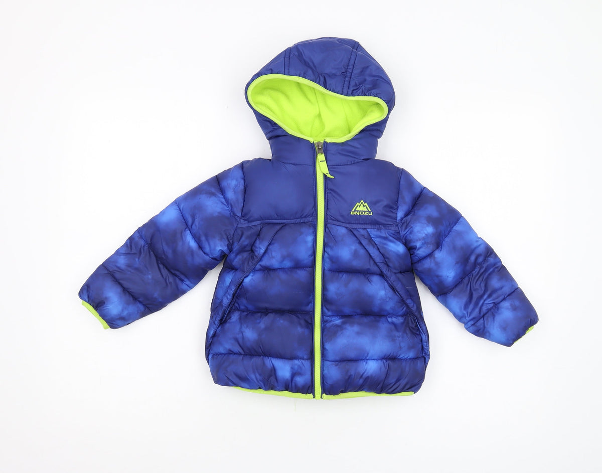 Additional front view of Snozu boys’ blue puffer jacket, 3 years, hooded winter coat