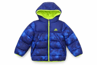 Front view of Snozu boys’ blue puffer jacket, 3 years, hooded winter coat