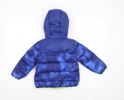Back view of Snozu boys’ blue puffer jacket, 3 years, hooded winter coat