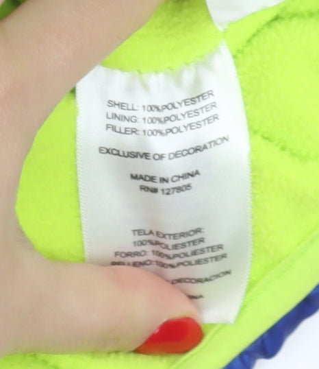 Close-up detail of Snozu boys’ blue puffer jacket, 3 years, hooded winter coat